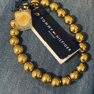 TOMMY HILFIGER Stainless Steel Beaded Stretch Bracelet & Logo Charm